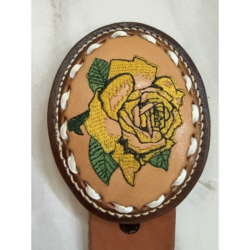 Vintage Hand Tooled Leather Belt Rose Oval Buckle Braided Western Boho Size 36